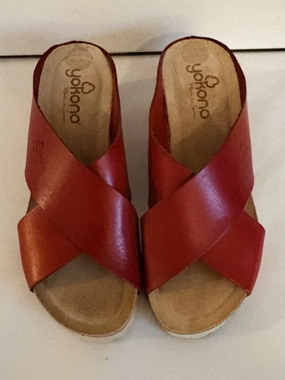 Yokono Spain Red Leather Cross Over Strap Slide Boho Cork Wedge Sandle Size 8